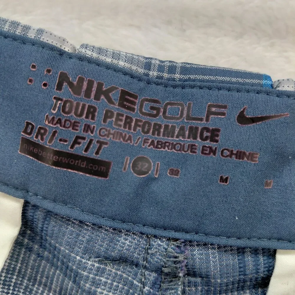 Nike Golf Shorts Mens 32 Blue White Plaid Tour Performance Stretch Dri Fit Chino